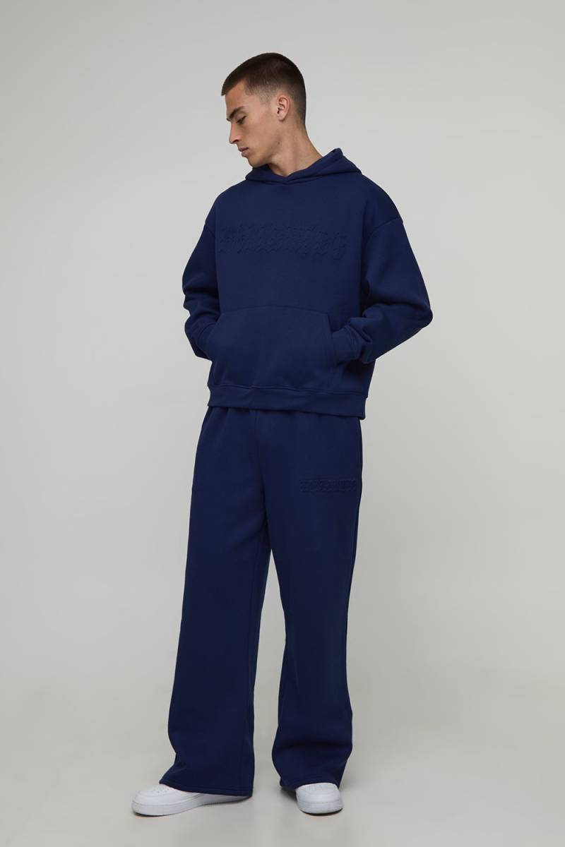 Oversized Boxy Worldwide Embossed Hooded Tracksuit - Navy - M, Navy Oversized Boxy Worldwide Embossed Hooded Tracksuit - Navy - M, Navy von boohoo