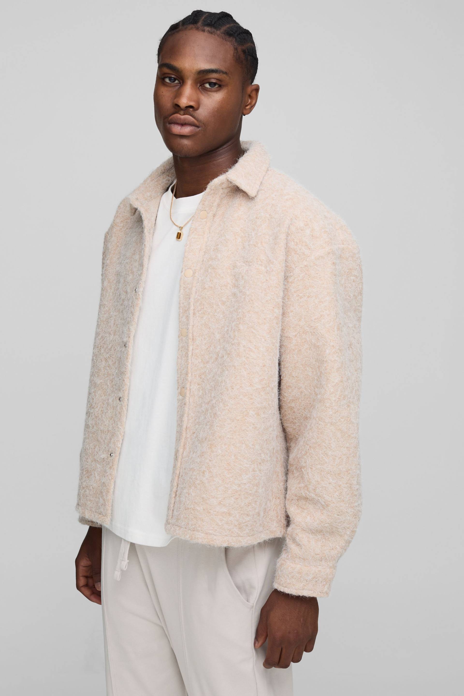 Oversized Brushed Embroidered Overshirt - Taupe - M, Taupe von boohoo