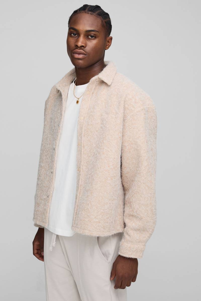 Oversized Brushed Embroidered Overshirt - Taupe - M, Taupe Oversized Brushed Embroidered Overshirt - Taupe - M, Taupe von boohoo