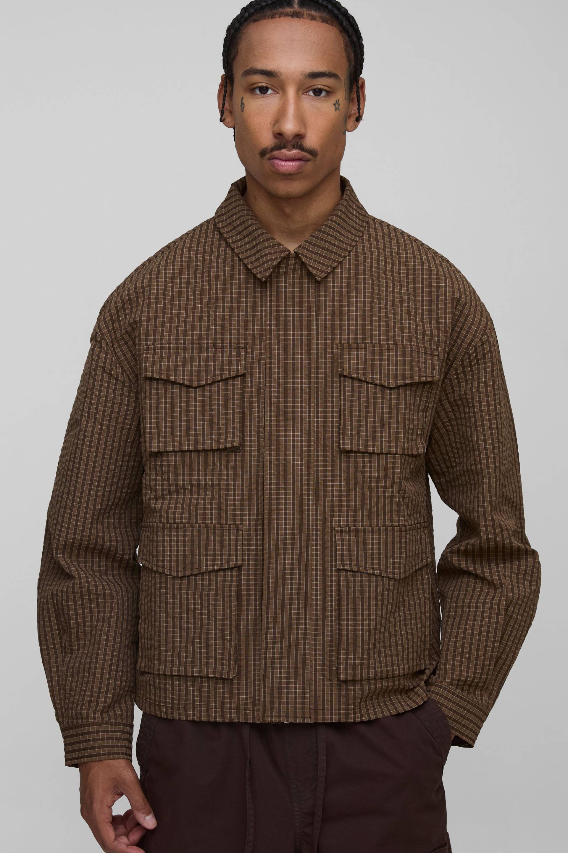 Oversized Check Ripstop Cargo Overshirt - Mocha - Xl, Mocha von boohoo