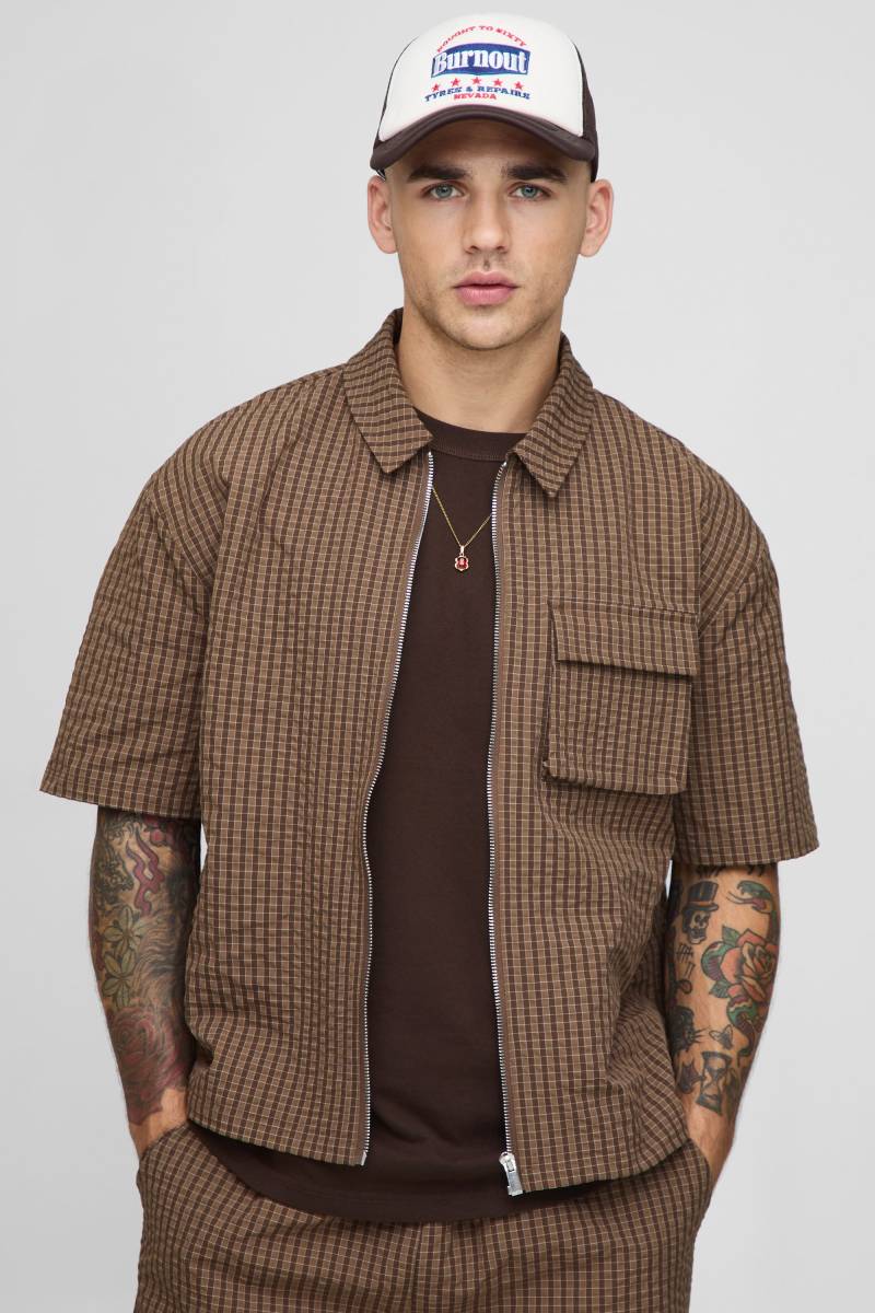 Oversized Check Ripstop Cargo Shirt - Mocha - M, Mocha von boohoo