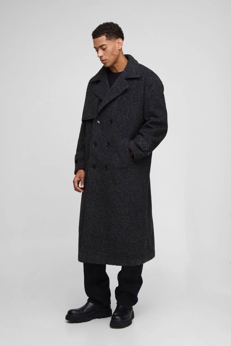 Oversized Fit Double Breasted Longline Boucle Overcoat - Charcoal - M, Charcoal von boohoo