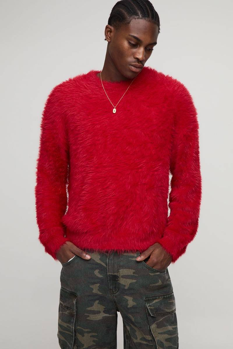 Oversized Fit Extreme Fluffy Knitted Jumper - Red - M, Red von boohoo