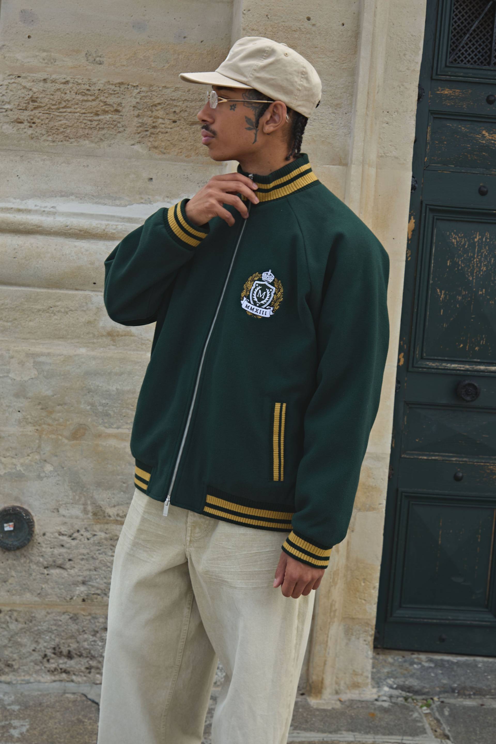 Oversized Fit Melton Funnel Neck Embroidered Crest Bomber Jacket - Forest - M, Forest von boohoo