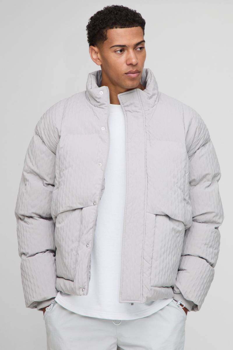 Oversized Fit Textured Funnel Neck Puffer Jacket - Grey - M, Grey von boohoo