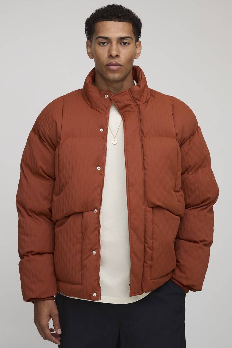 Oversized Fit Textured Funnel Neck Puffer Jacket - Rust - L, Rust von boohoo