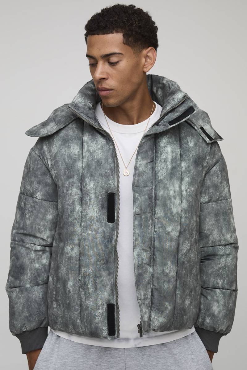 Oversized Fit Washed Nylon Hooded Funnel Neck Duvet Puffer Jacket - Khaki - L, Khaki von boohoo