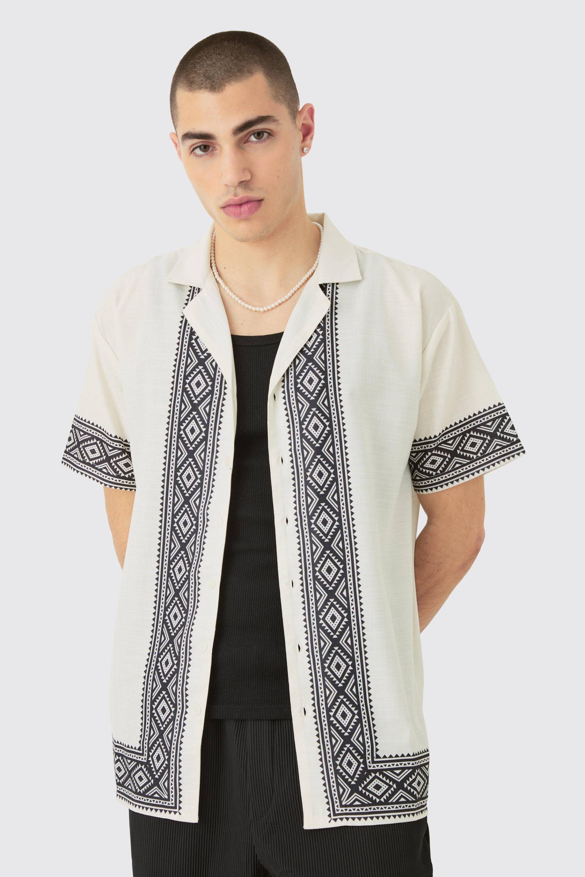 Oversized Linen Look Aztec Border Shirt - Ecru - M, Ecru von boohoo