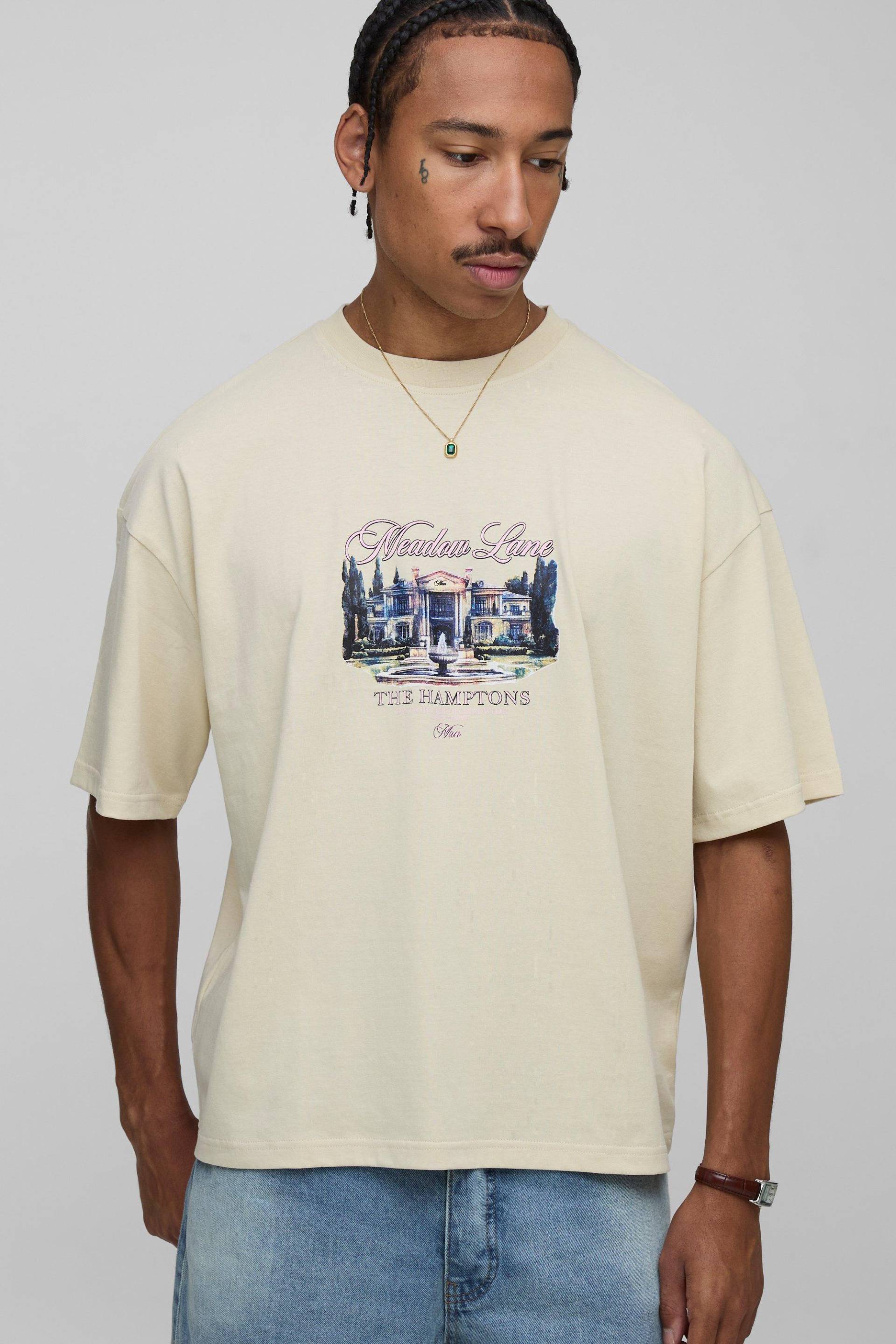 Oversized Man Script Hamptons Graphic T-Shirt - Stone - M, Stone von boohoo