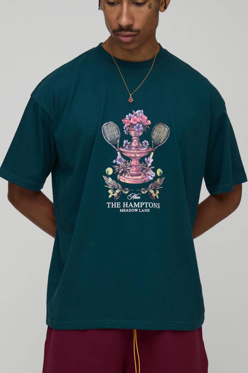 Oversized Man Script Tennis Club Graphic T-Shirt - Forest - M, Forest von boohoo