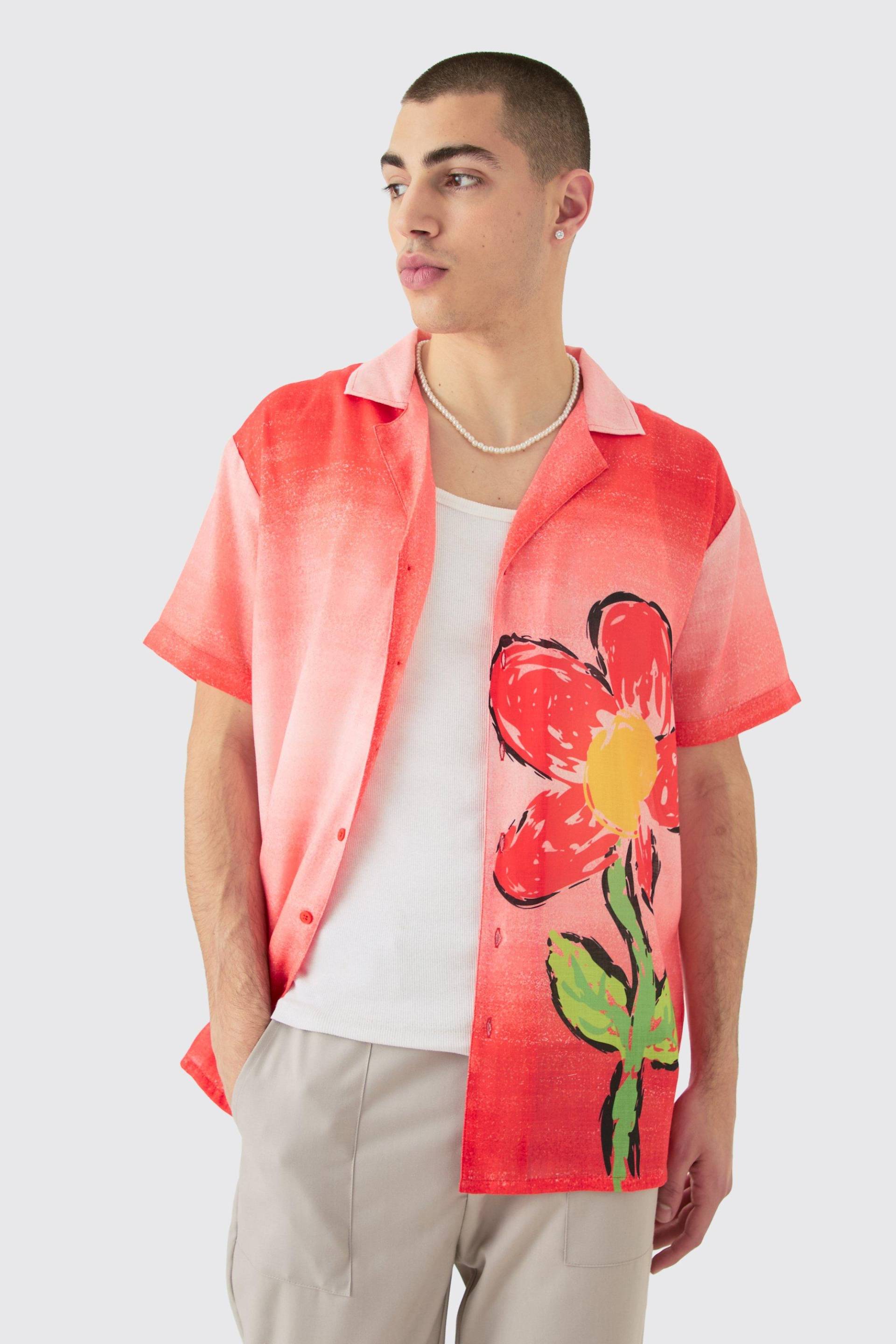 Oversized Ombre Flower Linen Look Shirt - Red - M, Red von boohoo