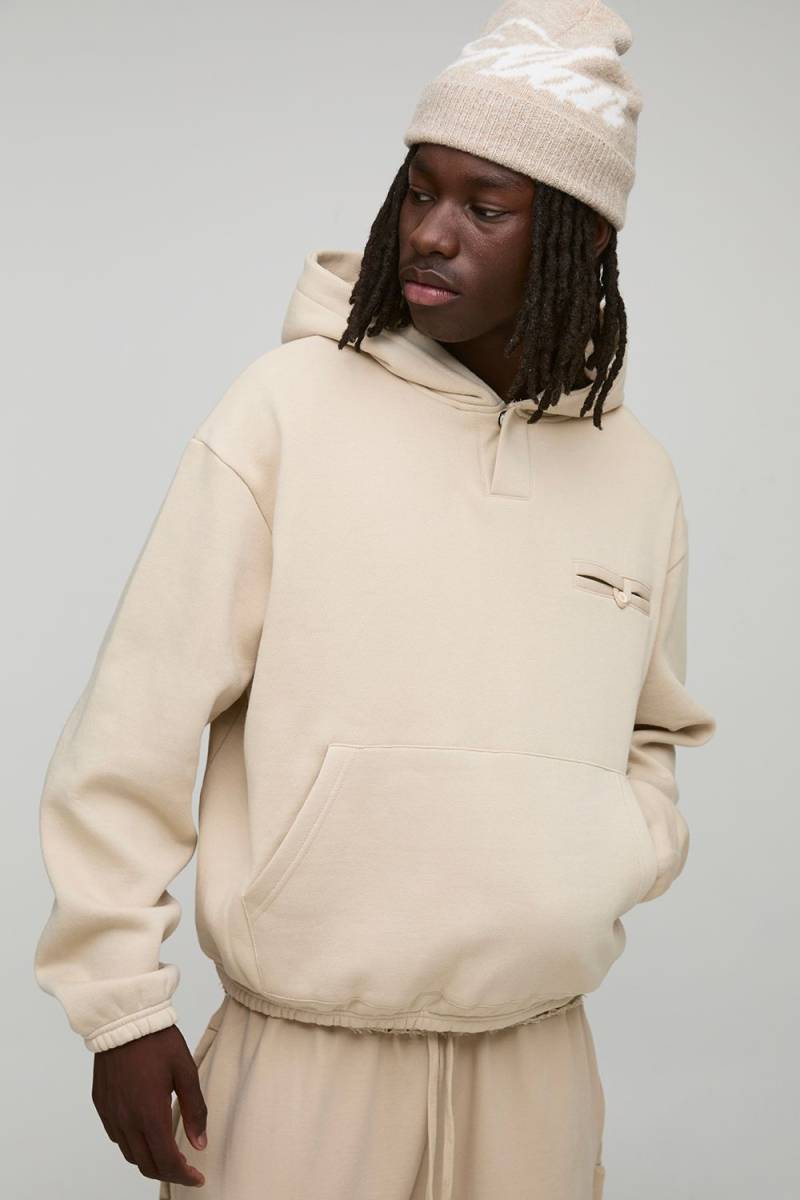 Oversized Pocket Detail Man Tab Hoodie - Stone - M, Stone von boohoo