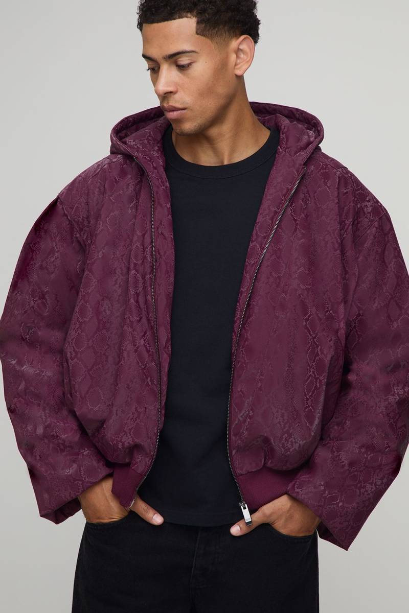Oversized Pu Snake Printed Hooded Bomber Jacket - Burgundy - L, Burgundy von boohoo