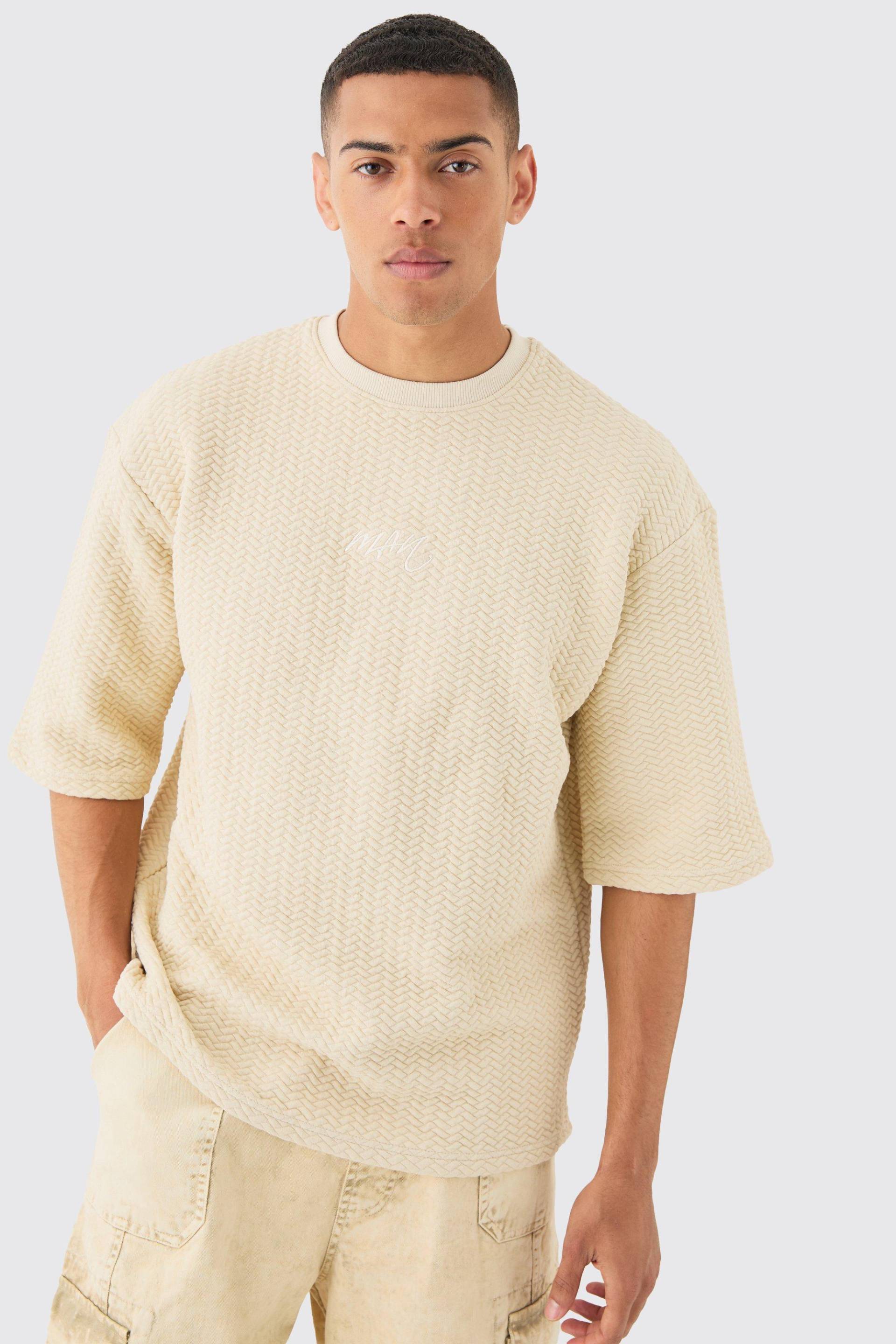 Oversized Quilted Half Sleeve Herringbone Man T-Shirt - Stone - L, Stone von boohoo