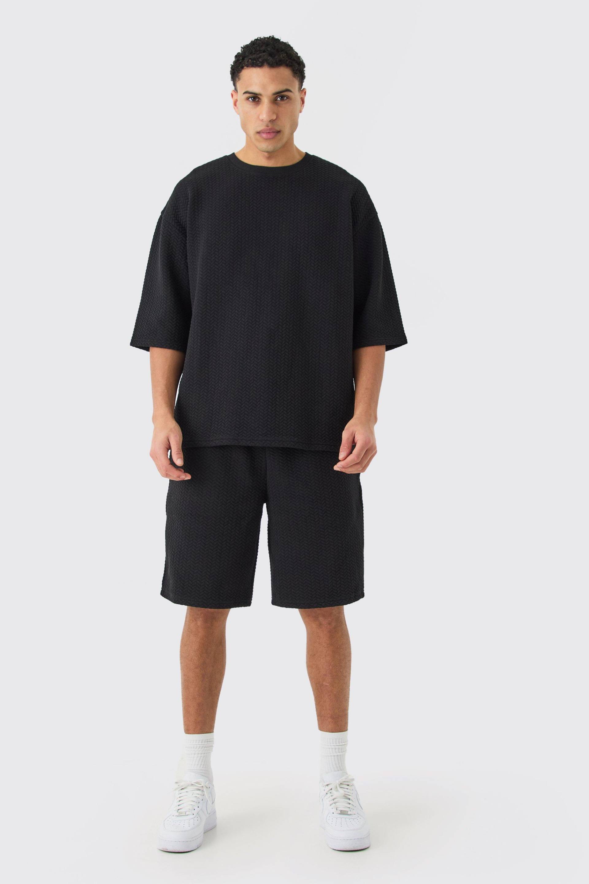 Oversized Quilted Herringbone T-Shirt And Short Set - Black - S, Black von boohoo