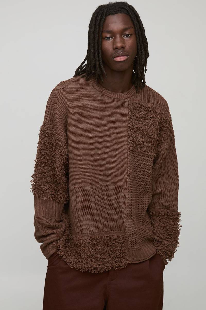 Oversized Textured Multi Patch Knitted Jumper - Chocolate - M, Chocolate von boohoo