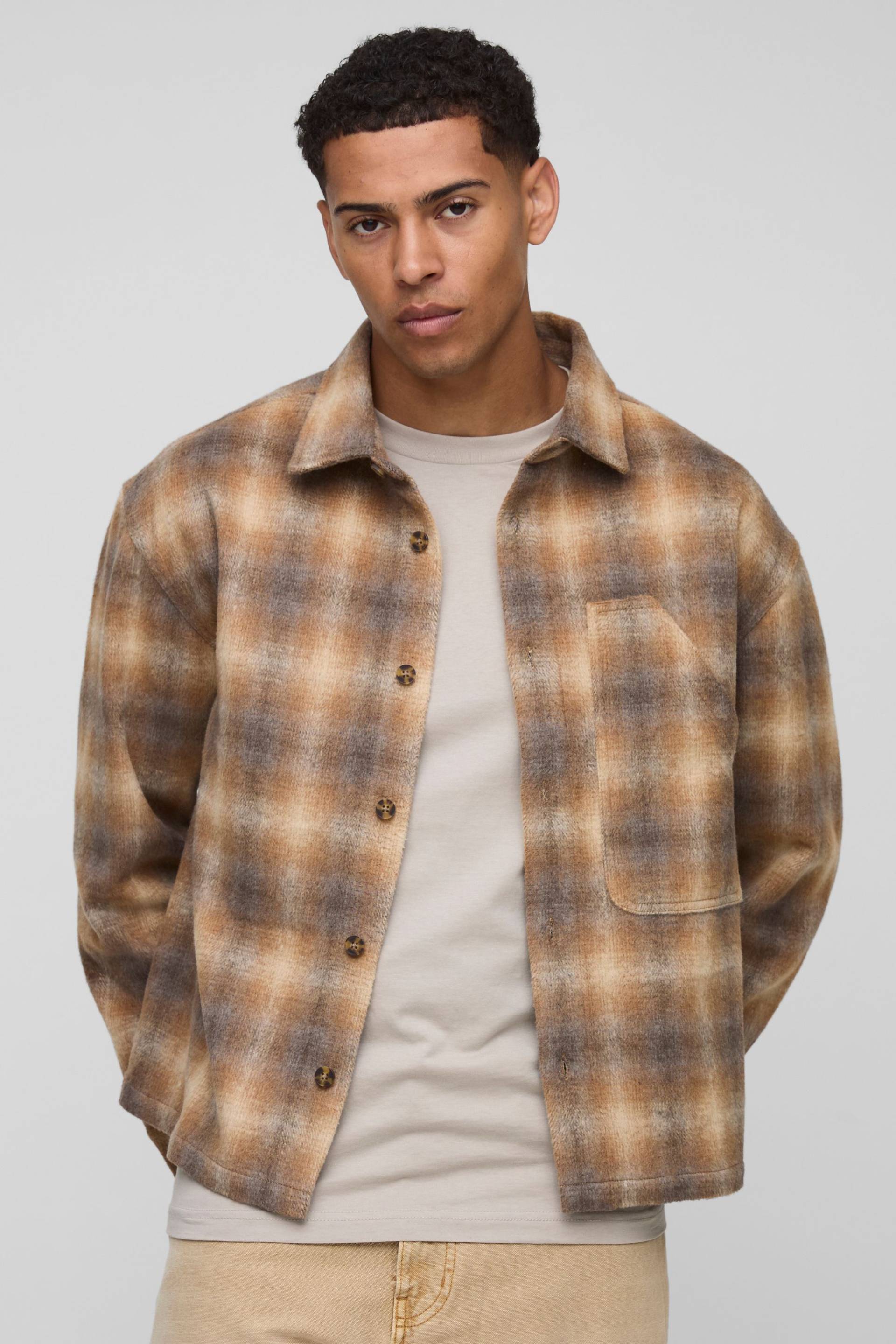 Oversized Worker Panel Brushed Check Overshirt - Brown - M, Brown von boohoo