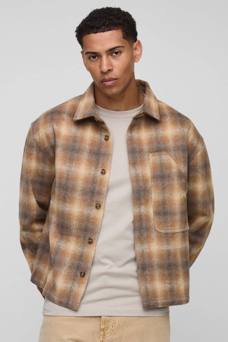 Oversized Worker Panel Brushed Check Overshirt - Brown - M, Brown Oversized Worker Panel Brushed Check Overshirt - Brown - M, Brown von boohoo