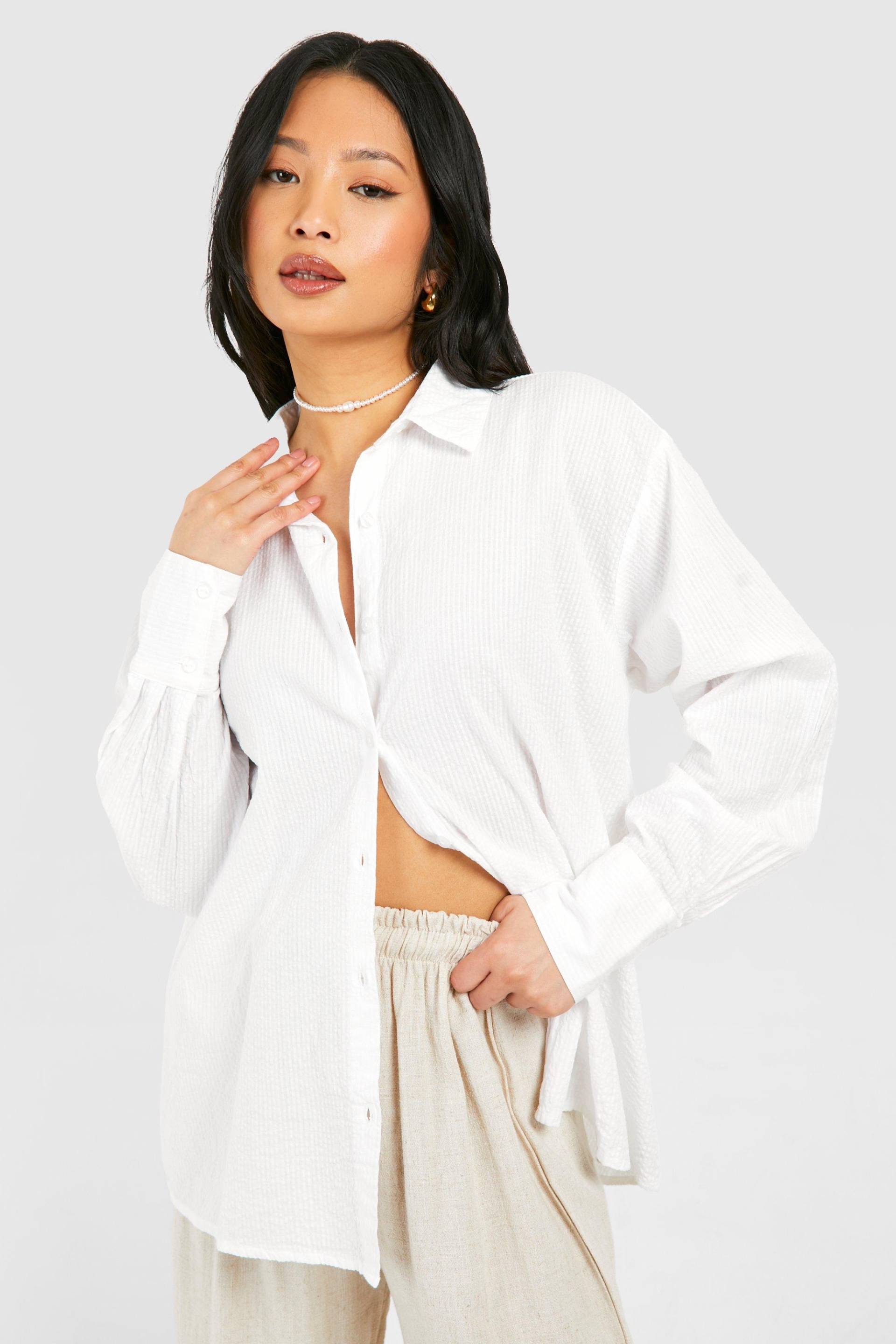 Petite Gestreiftes Oversize Strand-Hemd - White - 32, White von boohoo