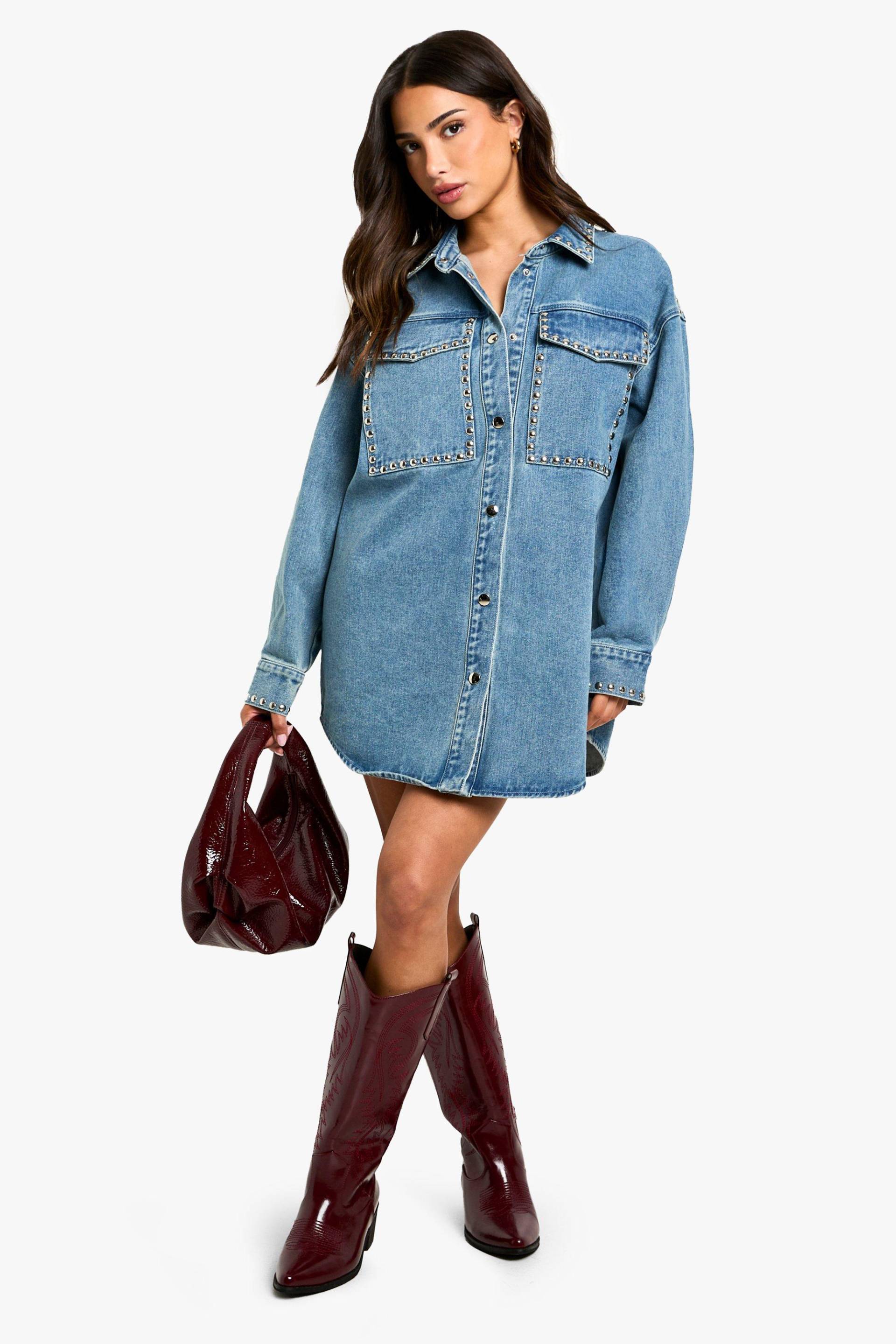Petite Oversize Jeans-Hemdkleid Mit Nieten-Detail - Blue - 38, Blue Petite Oversize Jeans-Hemdkleid Mit Nieten-Detail - Blue - 38, Blue von boohoo