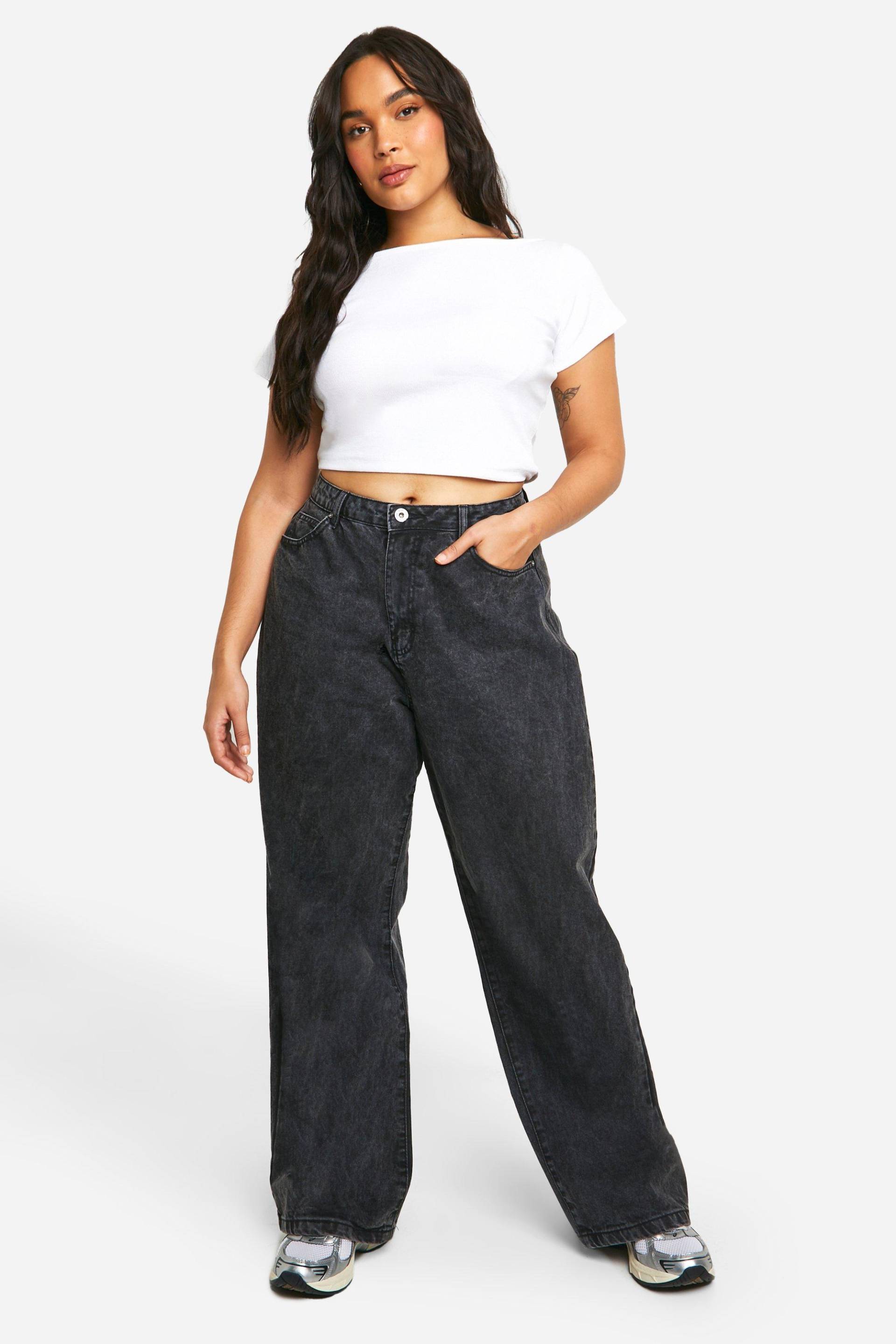 Plus Basics Boyfriend-Jeans Mit Hohem Bund - Washed Black - 48, Washed Black von boohoo