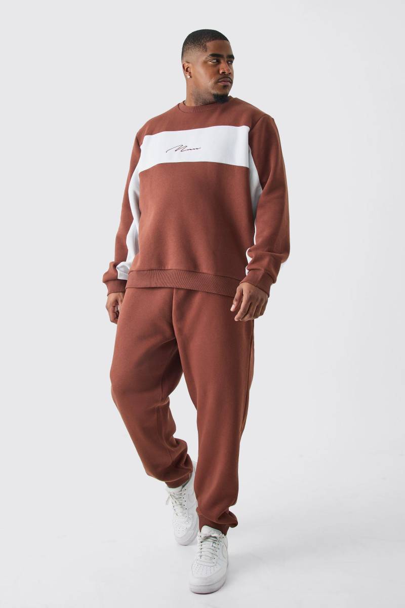 Plus Colorblock Man Sweatshirt-Trainingsanzug - Chocolate - Xxl, Chocolate von boohoo