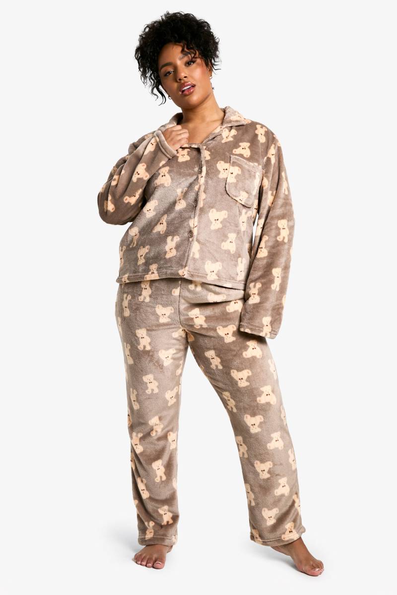 Plus Fleece Pyjama-Set Mit Knopfleiste - Brown - 44, Brown von boohoo