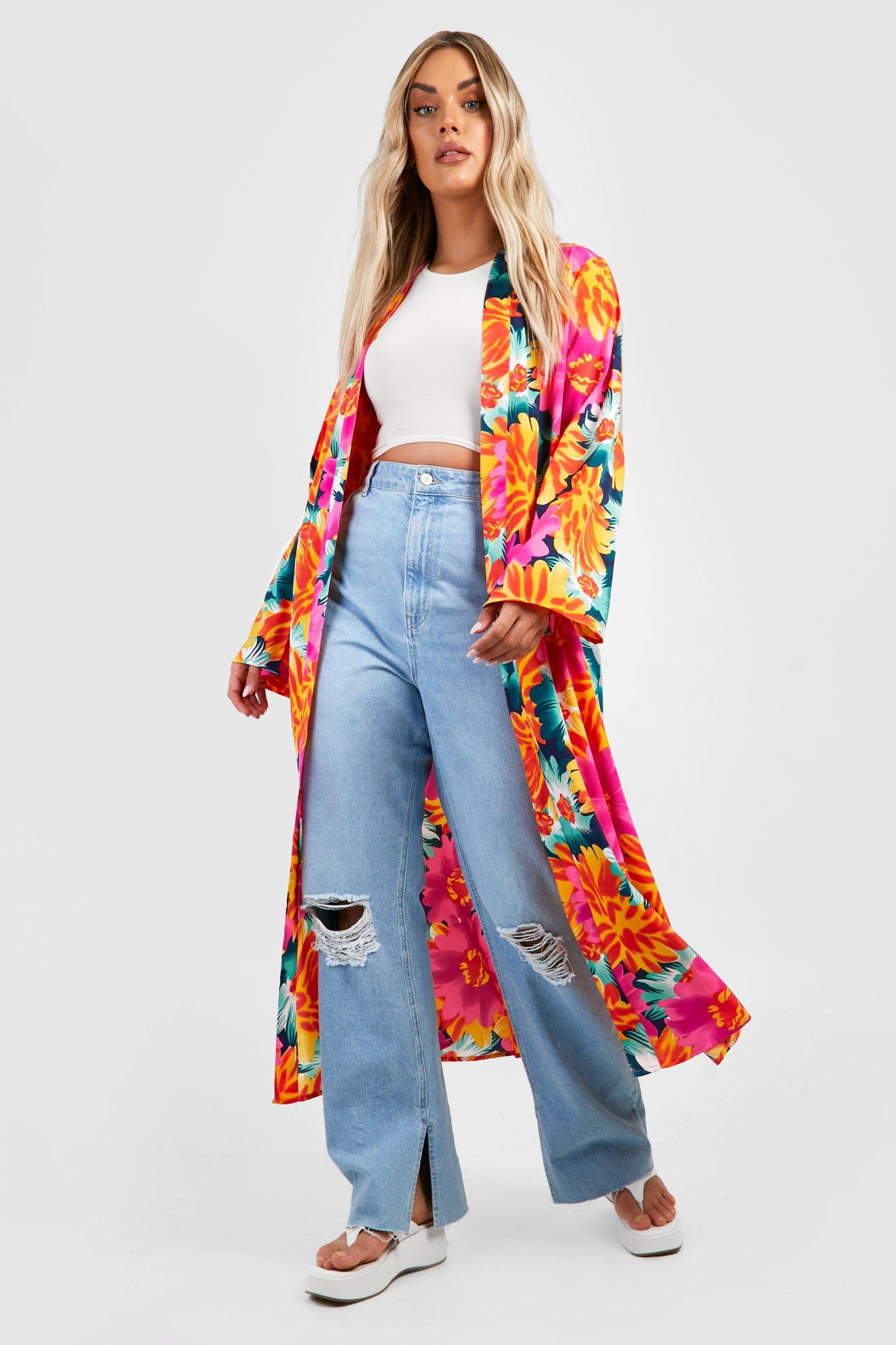 Plus Floraler Maxi-Kimono - Orange - 50, Orange von boohoo