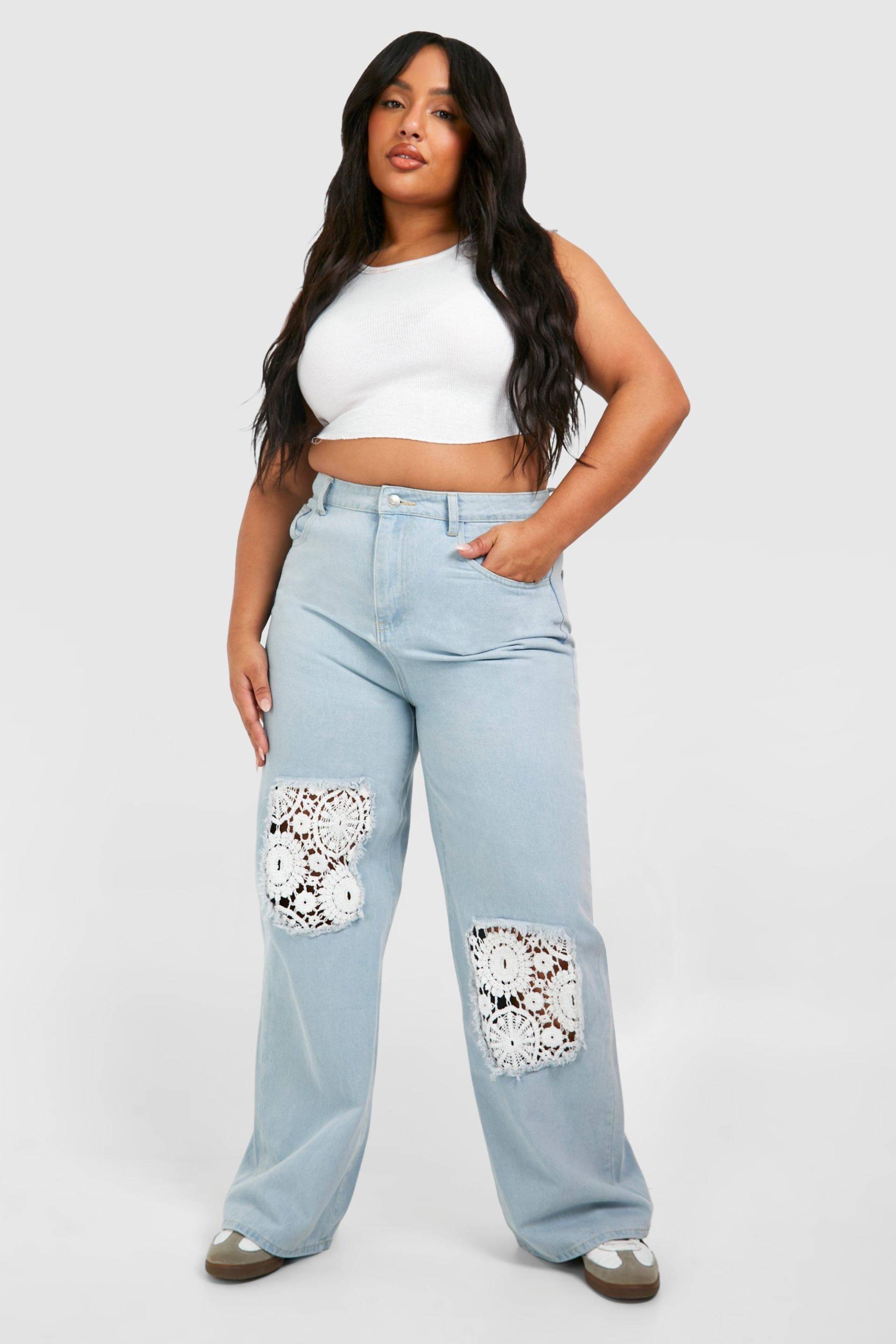 Plus Gehäkelte Jeans Mit Weitem Bein - Light Blue - 48, Light Blue von boohoo