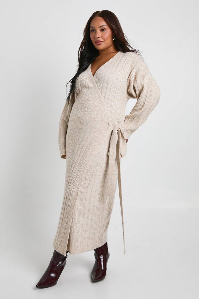 Plus Geripptes Wickel-Pulloverkleid - Taupe - 48-50, Taupe von boohoo