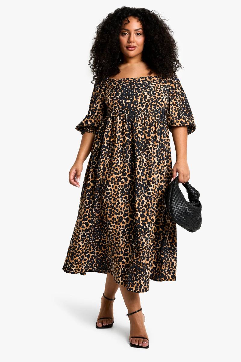 Plus Geschnürtes Smokkleid Mit Puffärmeln - Leopard - 42, Leopard von boohoo