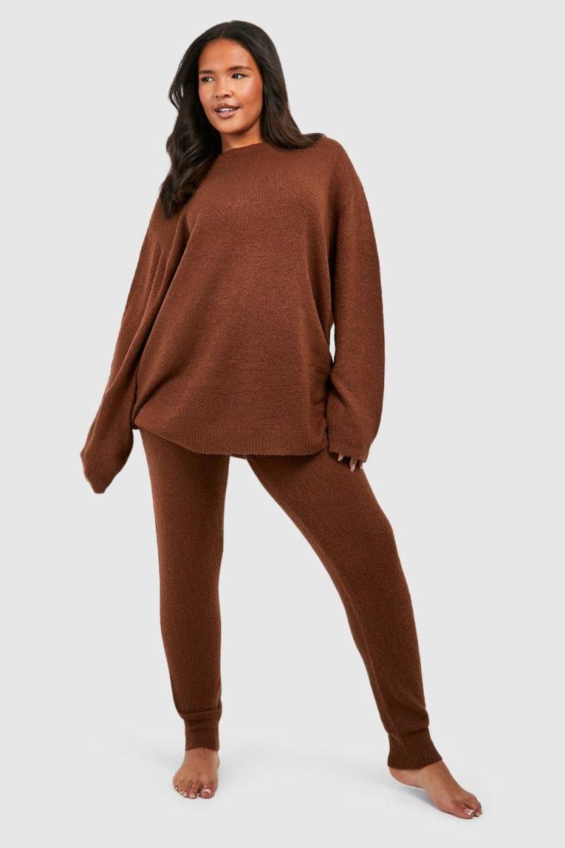 Plus Gestricktes Loungewear-Set Mit Rundhals-Pullover - Brown - 42, Brown von boohoo