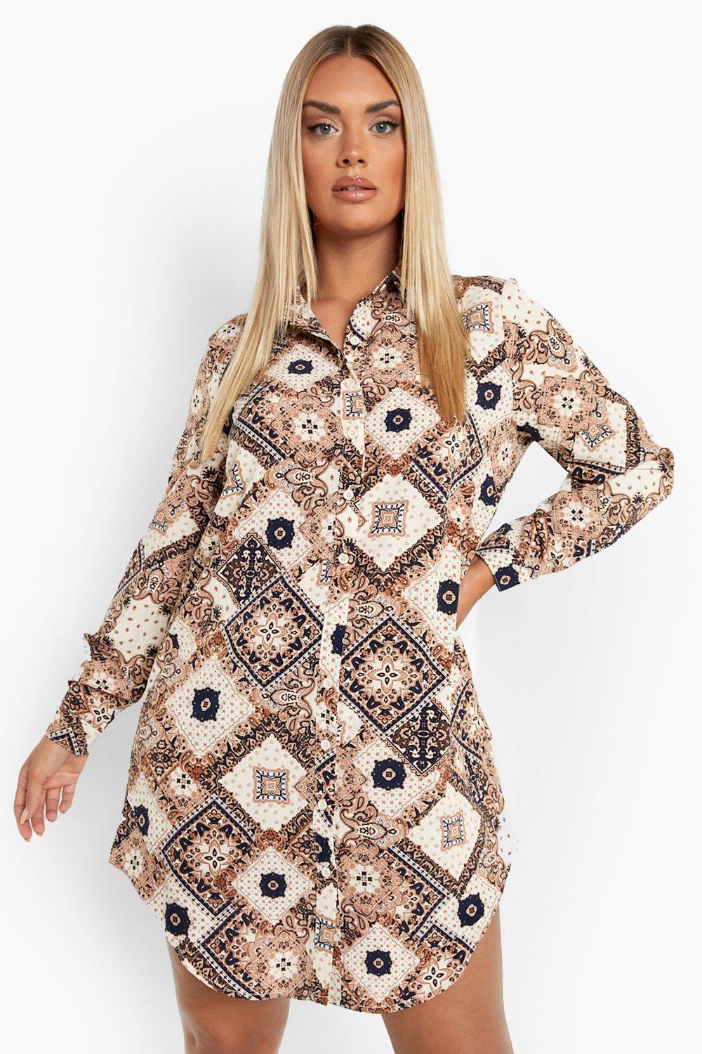 Plus Hemd-Kleid Aus Satin Mit Paisley-Print - Stone - 42, Stone von boohoo