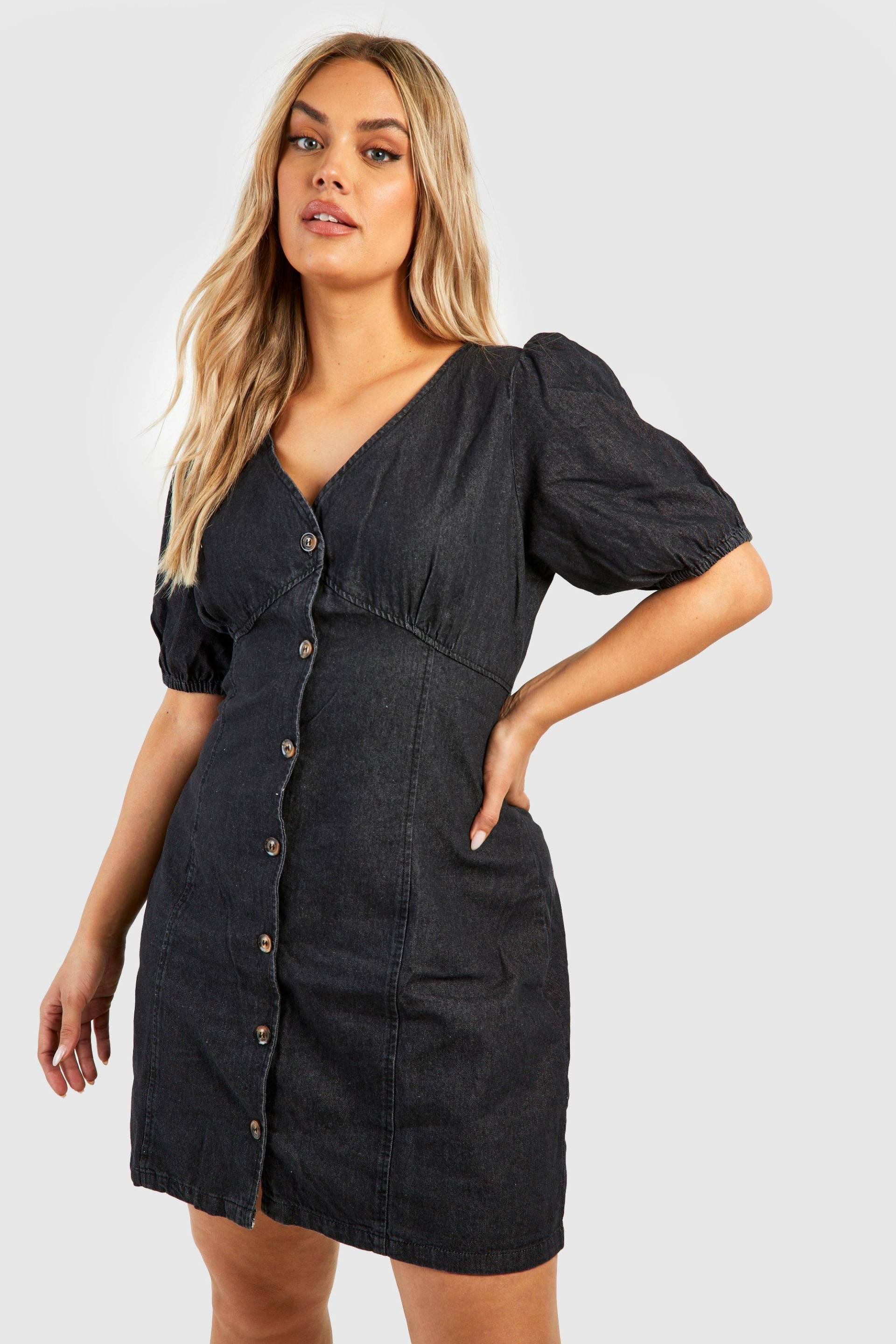 Plus Jeanskleid Mit Knopfleiste - Washed Black - 48, Washed Black von boohoo