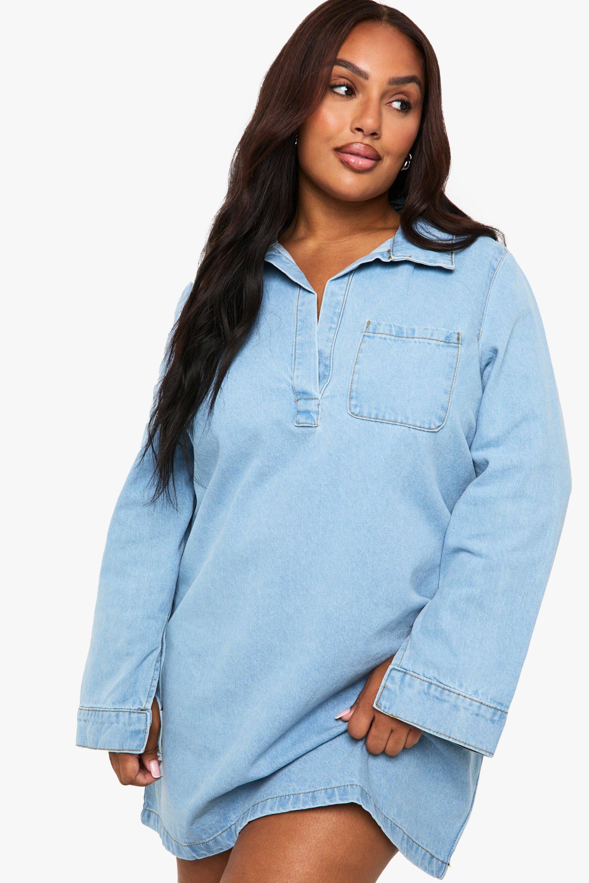 Plus Jeanskleid Mit V-Ausschnitt Und Kragen - Light Wash - 44, Light Wash Plus Jeanskleid Mit V-Ausschnitt Und Kragen - Light Wash - 44, Light Wash von boohoo