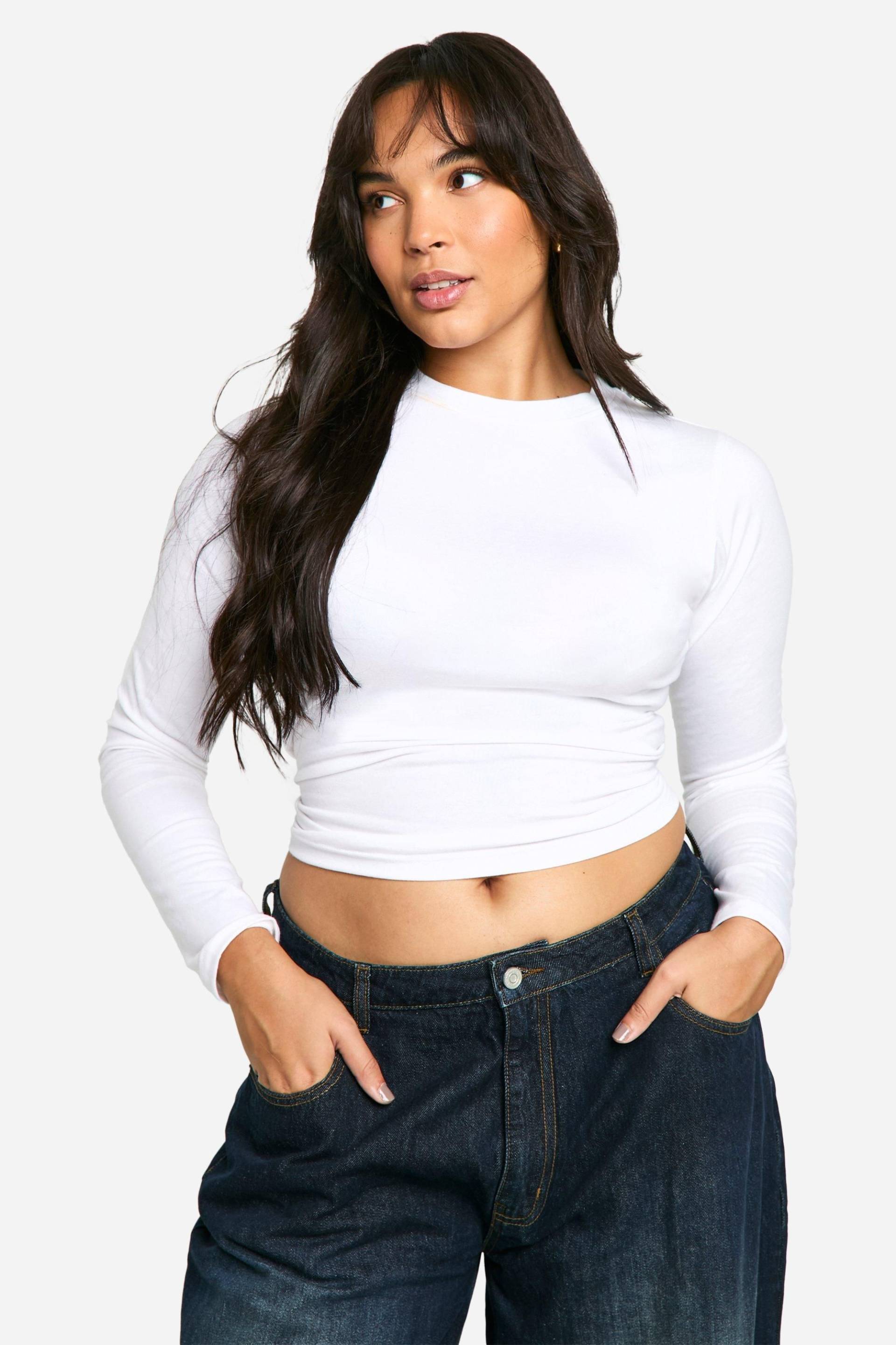 Plus Langärmliges Rundhals T-Shirt - White - 46, White von boohoo