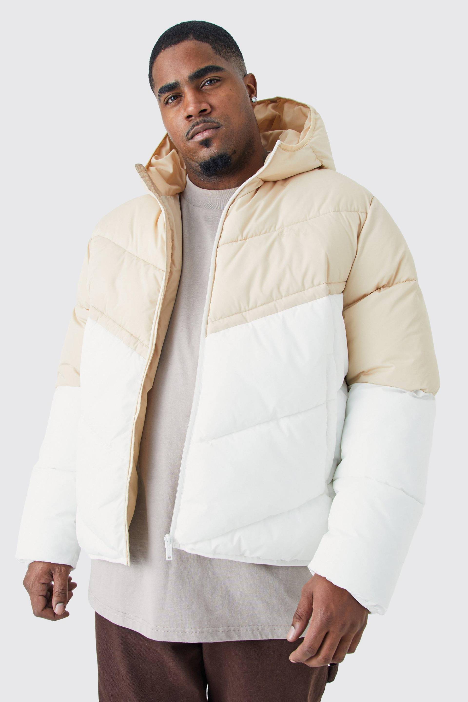 Plus Man Colorblock Steppjacke Mit Kapuze - Stone - Xxl, Stone von boohoo