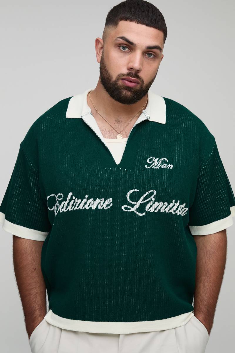 Plus Man Oversized Boxy Rib Knitted Polo - Forest - 2Xl, Forest von boohoo