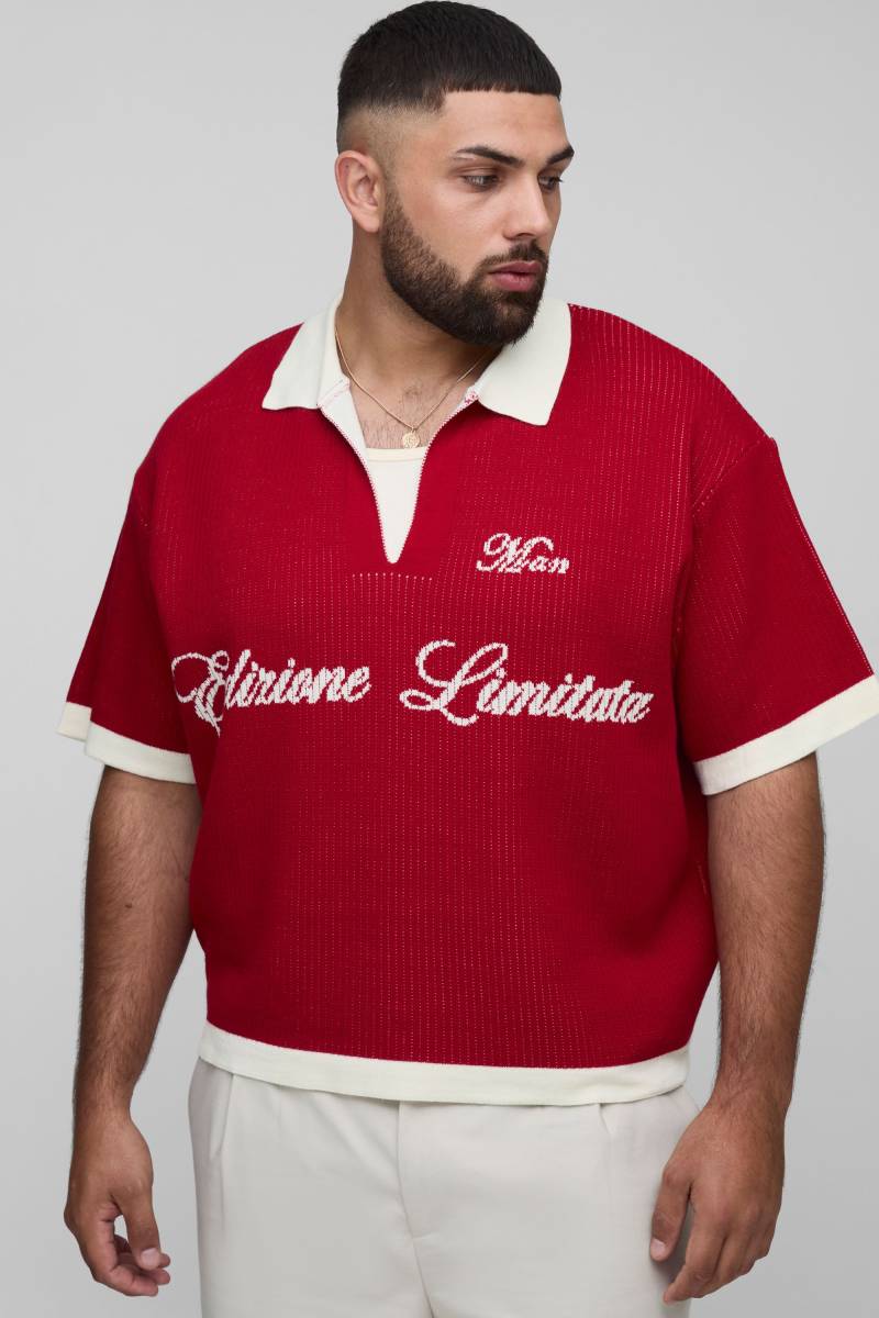 Plus Man Oversized Boxy Rib Knitted Polo - Red - 2Xl, Red von boohoo