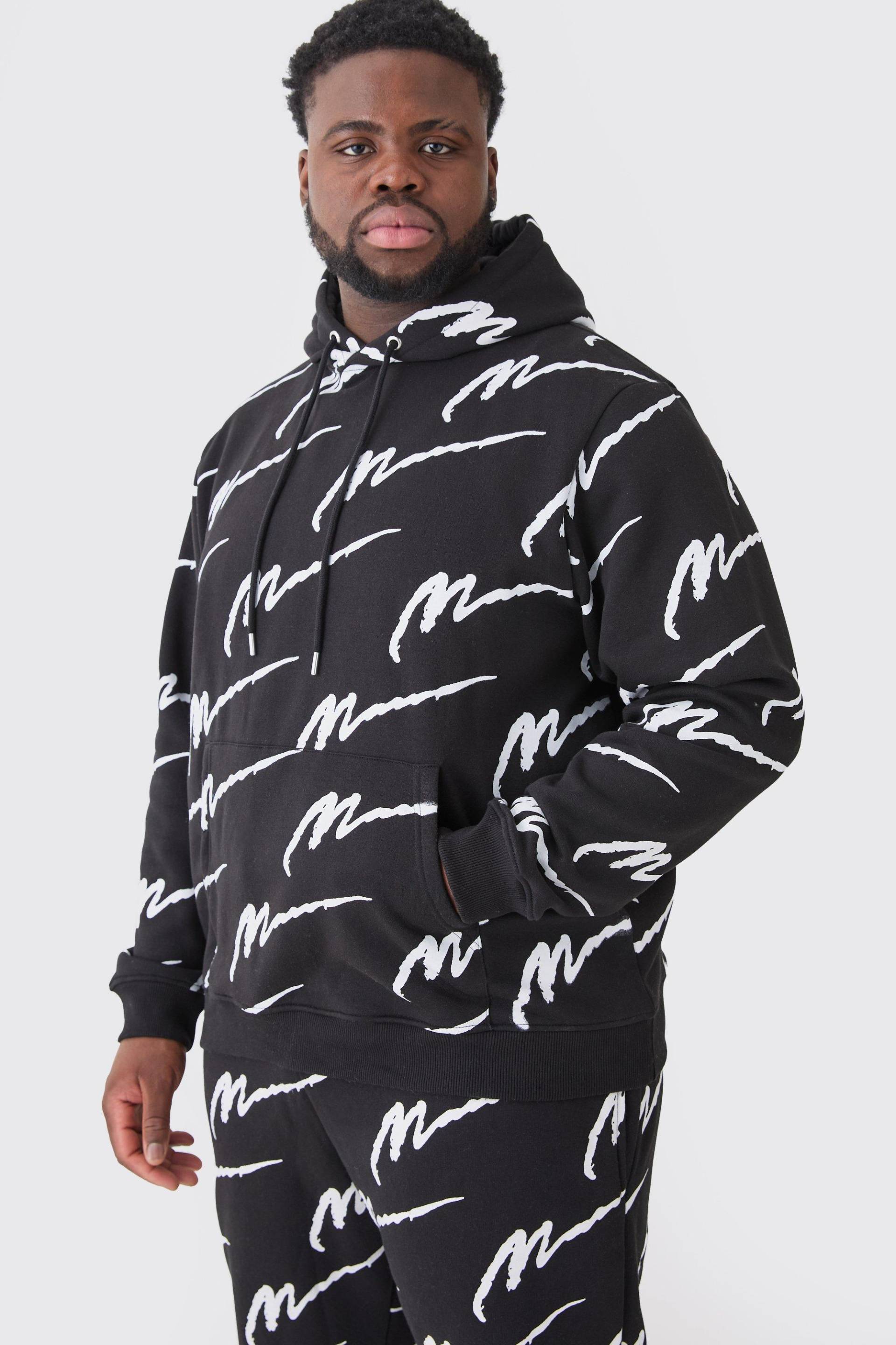 Plus Man Signature Hoodie Mit Print - Black - Xxl, Black von boohoo