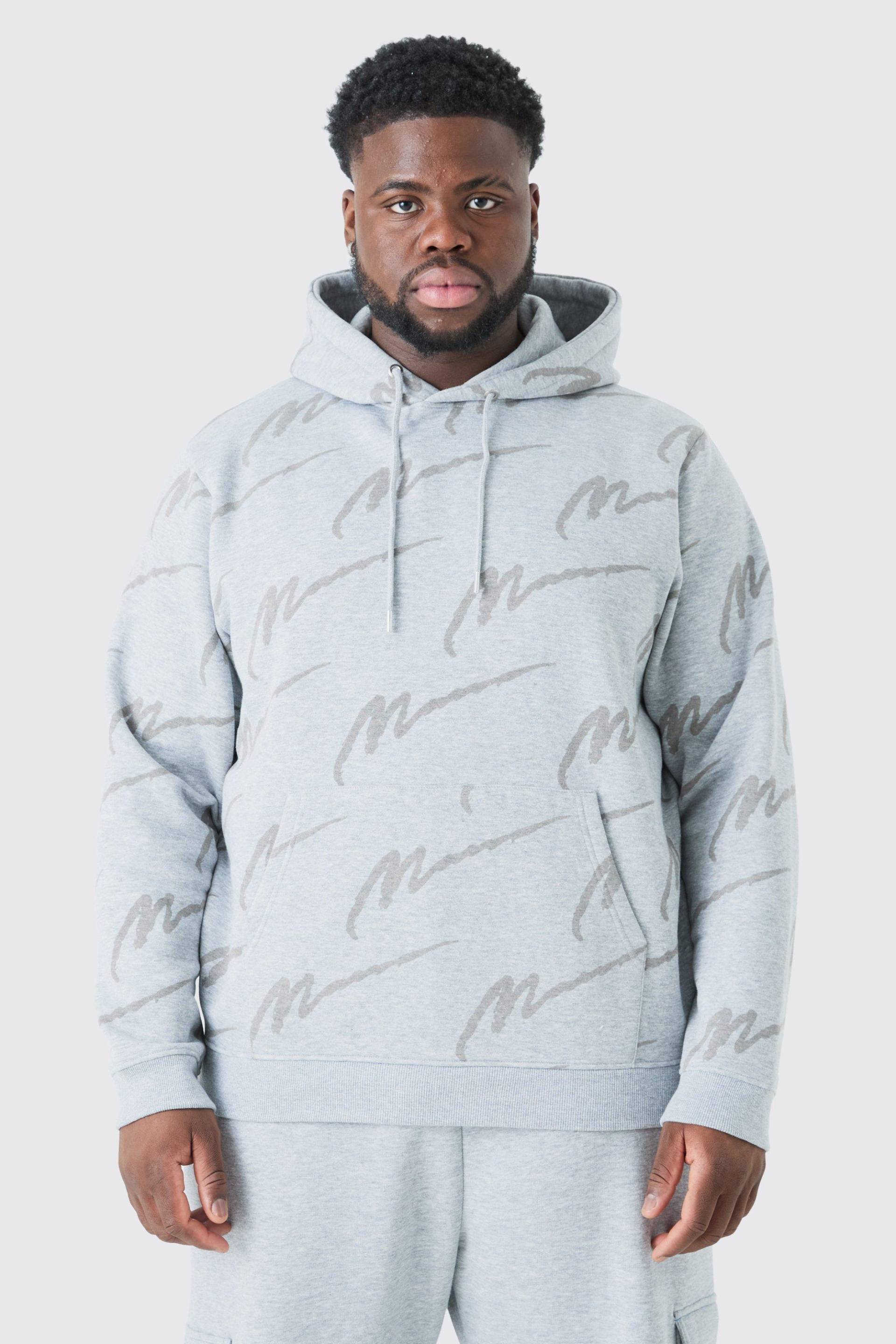 Plus Man Signature Hoodie Mit Print - Grey Marl - Xxl, Grey Marl von boohoo