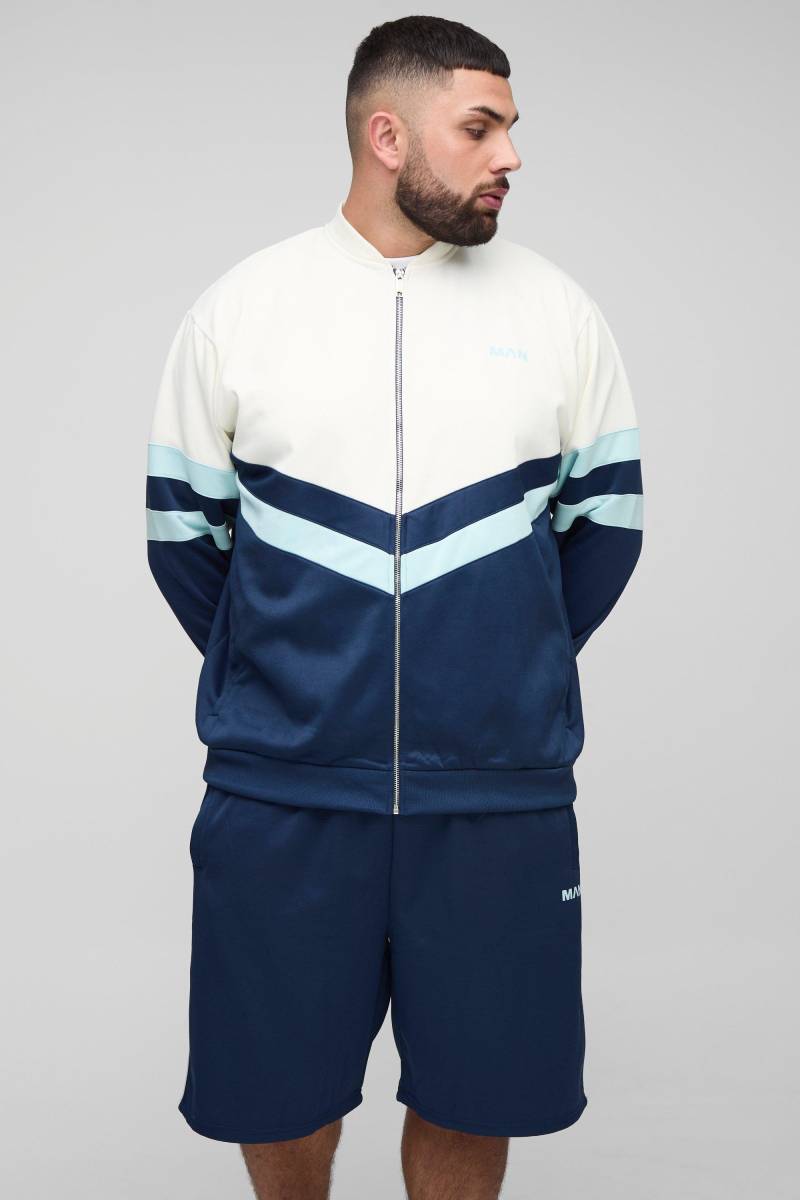 Plus Man Tricot Colour Block Funnel Neck Jacket & Oversized Short Set - Blue - 2Xl, Blue von boohoo