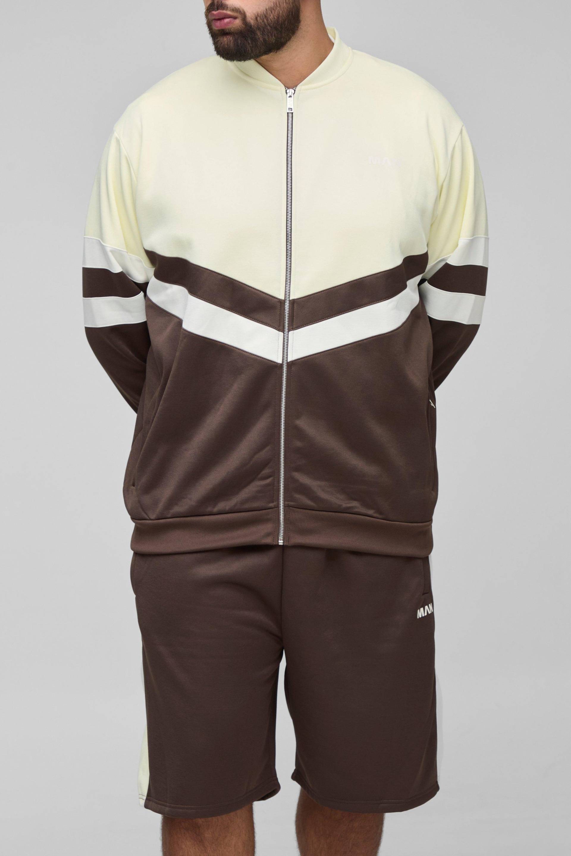 Plus Man Tricot Colour Block Funnel Neck Jacket & Oversized Short Set - Brown - 2Xl, Brown von boohoo