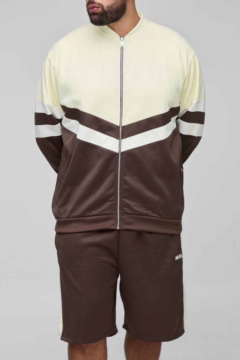Plus Man Tricot Colour Block Funnel Neck Jacket & Oversized Short Set - Brown - 2Xl, Brown von boohoo
