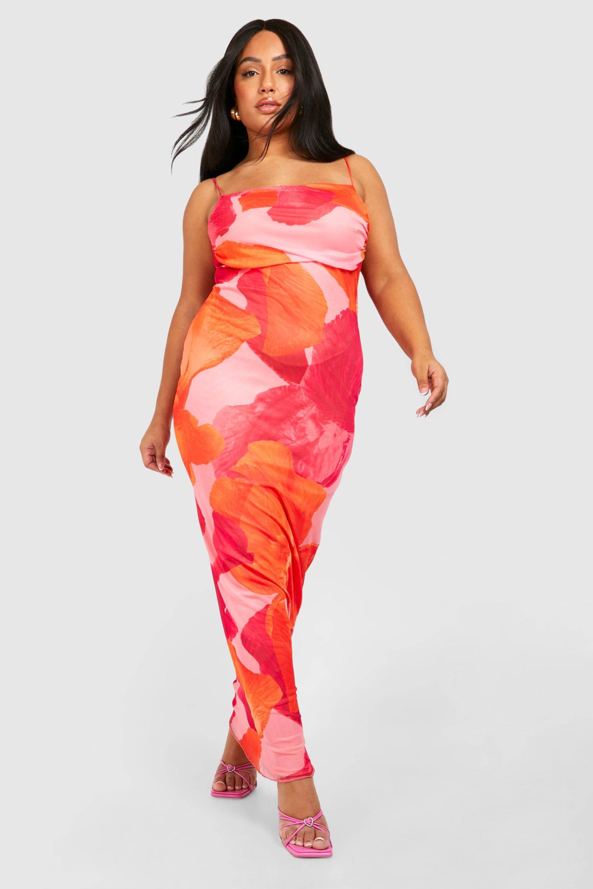 Plus Mesh Maxi-Slipkleid Mit Floralem Print - Orange - 42, Orange von boohoo