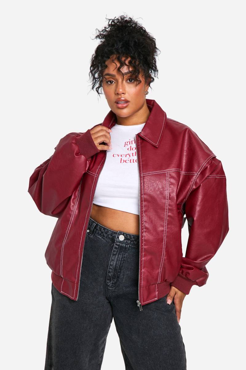 Plus Oversize Pu-Bomberjacke Mit Kontrast-Naht - Red - 42, Red Plus Oversize Pu-Bomberjacke Mit Kontrast-Naht - Red - 42, Red von boohoo