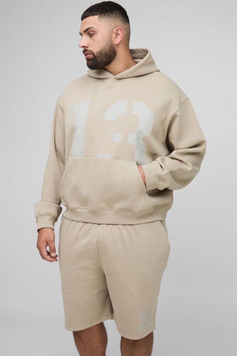 Plus Oversized Boxy 13 Print Hoodie & Short Set - Stone - 2Xl, Stone Plus Oversized Boxy 13 Print Hoodie & Short Set - Stone - 2Xl, Stone von boohoo