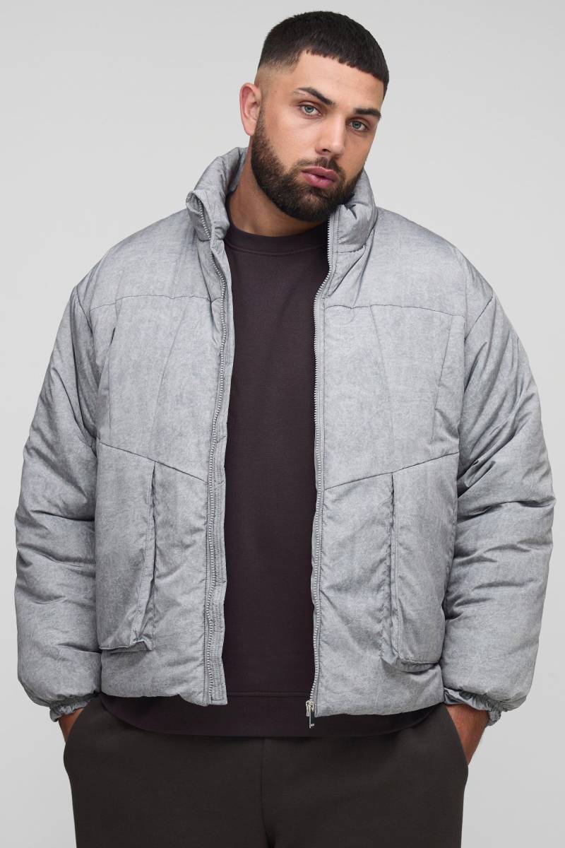 Plus Oversized Fit Washed Nylon Padded Funnel Neck Puffer Jacket - Grey - 2Xl, Grey von boohoo