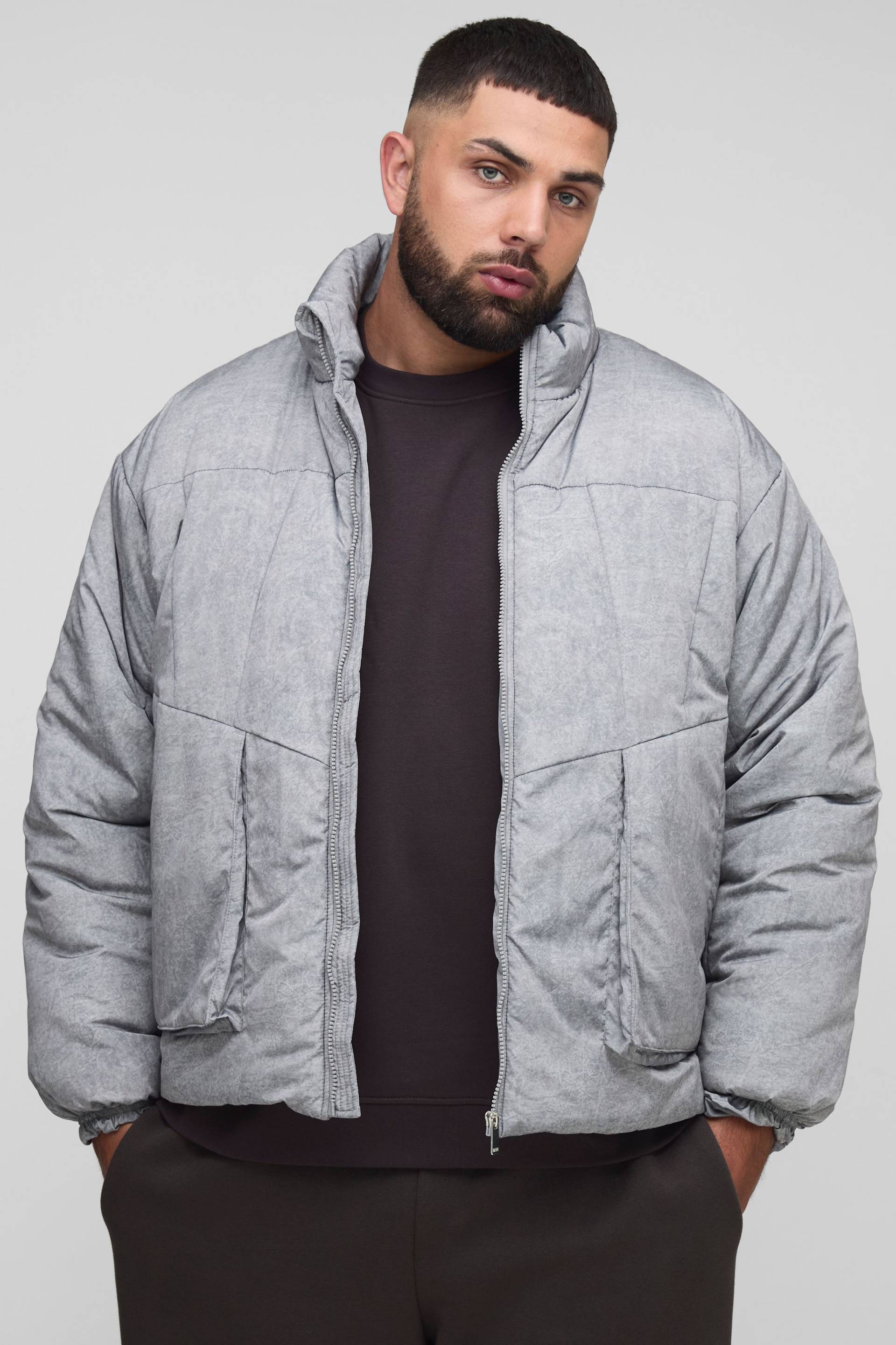 Plus Oversized Fit Washed Nylon Padded Funnel Neck Puffer Jacket - Grey - 3Xl, Grey von boohoo