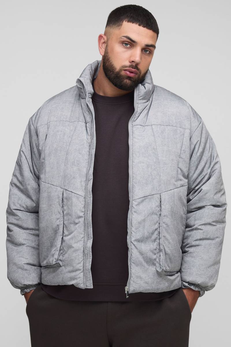 Plus Oversized Fit Washed Nylon Padded Funnel Neck Puffer Jacket - Grey - 3Xl, Grey von boohoo